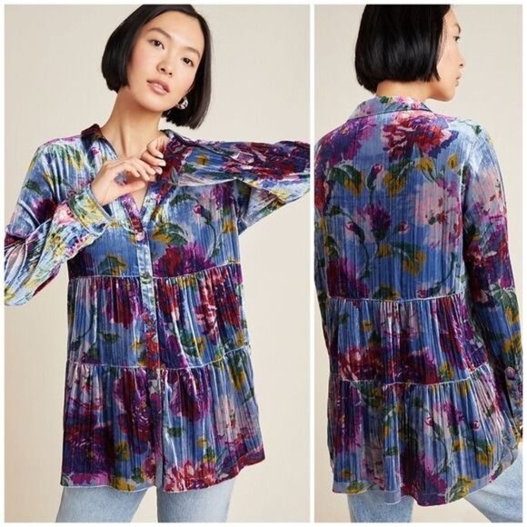 Maeve by Anthropologie Reverie Tiered Velvet Tunic in Blue Floral Size Small - Picture 1 of 15